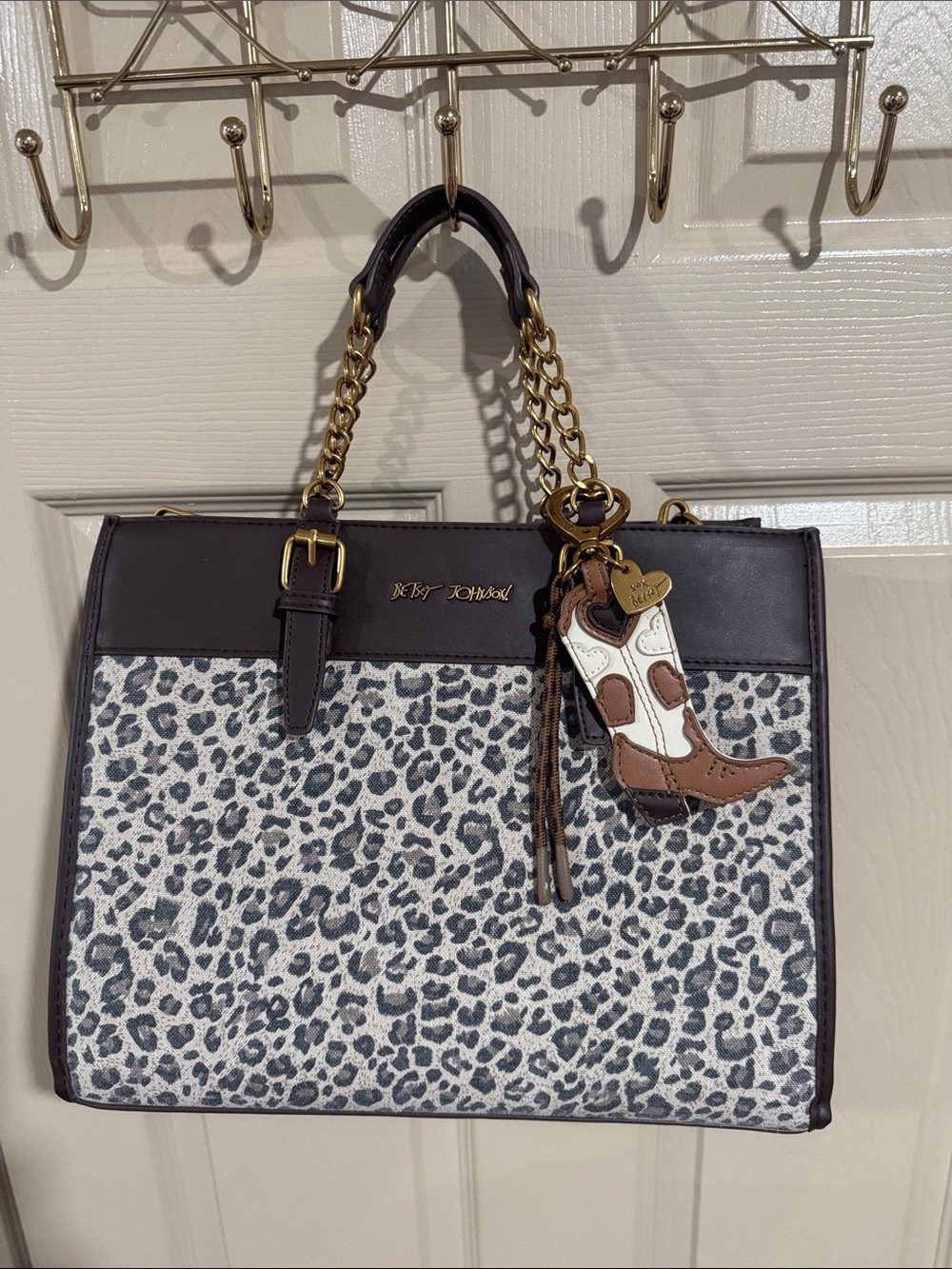 Betsey Johnson Gray & Brown Leopard-Print Satchel with Gold Chain Handles